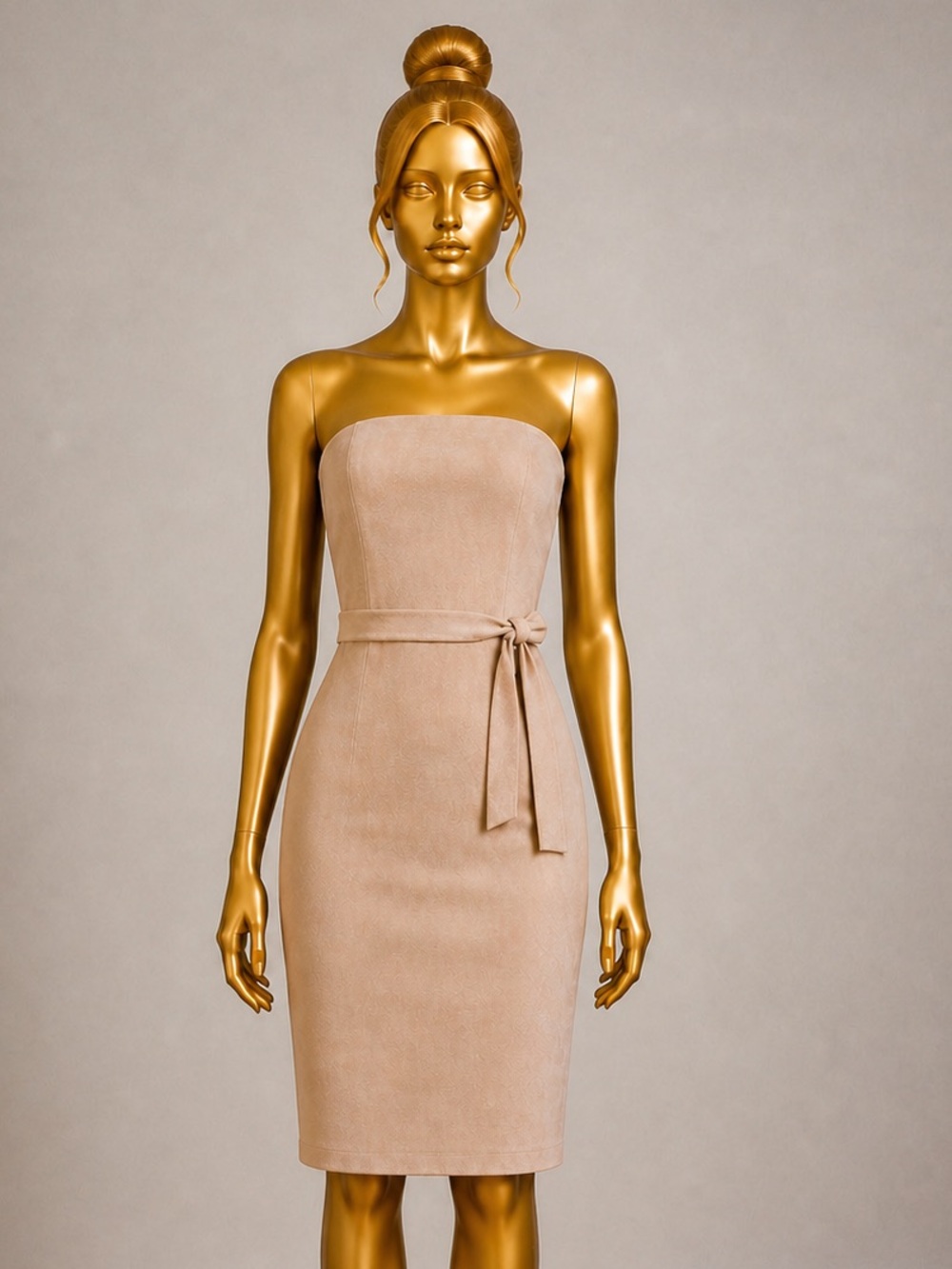 Boohoo Strapless Tan Midi Dress Tie Waist Minimalist Chic - Size 6